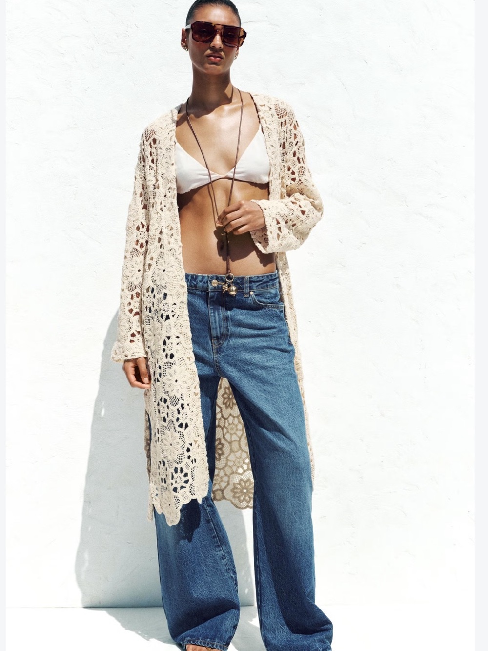 Zara Cream Crochet Longline Cardigan